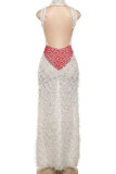 Red Street Stripe Fringed Trim Patchwork See-Through Backless Turtleneck Long Dresses