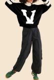 Black Casual Letters Patchwork Contrast O Neck Tops