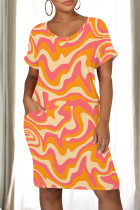 Orange Casual Print Pocket Patchwork O Neck Straight Dresses