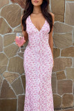 Pink Elegant Print Patchwork Backless V Neck Long Dresses
