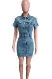 The cowboy blue Street Solid Color Pocket Buckle Patchwork Turndown Collar Regular Rompers