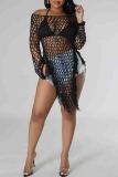 Red Sexy Solid Color Fringed Trim Hollow Out Patchwork Swimwears Cover Up