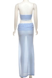 Blue Elegant Solid Color Hollow Out Patchwork Backless High Slit Strapless Long Dresses