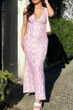 Pink Elegant Print Patchwork Backless V Neck Long Dresses