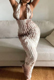 Khaki Sexy Patchwork Backless Ruched Deep V Neck Long Dresses