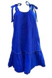 Deep Blue Sexy Solid Color Pocket Patchwork Backless Strap Design U Neck A Line Dresses