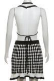 Black Sexy Geometric Print Patchwork Backless Deep V Neck Sleeveless Two Pieces