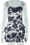 Black Sexy Print Patchwork Backless Cross Straps Ruched Spaghetti Strap Sling Dresses