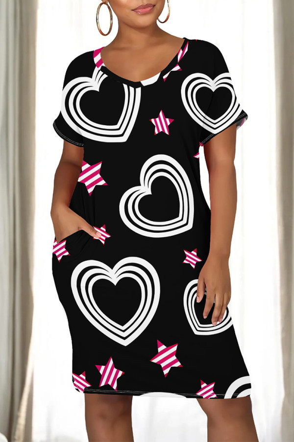 Black Casual Street Colorblock Striped Print Heart Shaped Pocket Contrast O Neck Printed Dresses