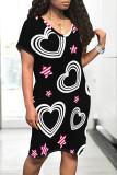 Black Casual Street Colorblock Striped Print Heart Shaped Pocket Contrast O Neck Printed Dresses