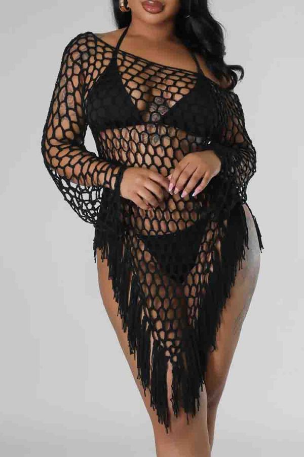 Black Sexy Solid Color Fringed Trim Hollow Out Patchwork Swimwears Cover Up