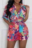 Orange Street Print Pocket Buckle Patchwork With Belt Turndown Collar Loose Rompers