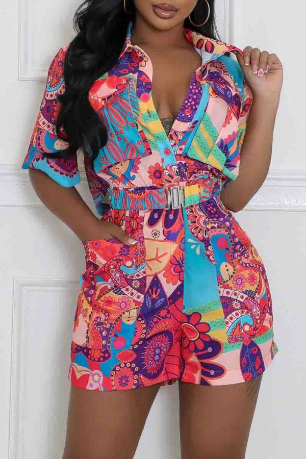 Orange Street Print Pocket Buckle Patchwork With Belt Turndown Collar Loose Rompers