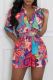 Orange Street Print Pocket Buckle Patchwork With Belt Turndown Collar Loose Rompers