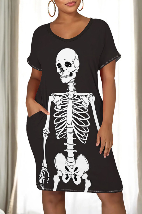 White Brown Casual Skull Flowers Print Pocket O Neck Short Sleeve Short Sleeve Dress