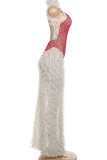 Red Street Stripe Fringed Trim Patchwork See-Through Backless Turtleneck Long Dresses