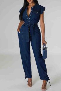 Deep Blue Street Solid Color Pocket Buckle Patchwork Cross Straps Strap Design Cardigan Collar High Waist Regular Denim Jumpsuits