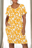 Rose Red Casual Print Pocket Patchwork O Neck Straight Dresses