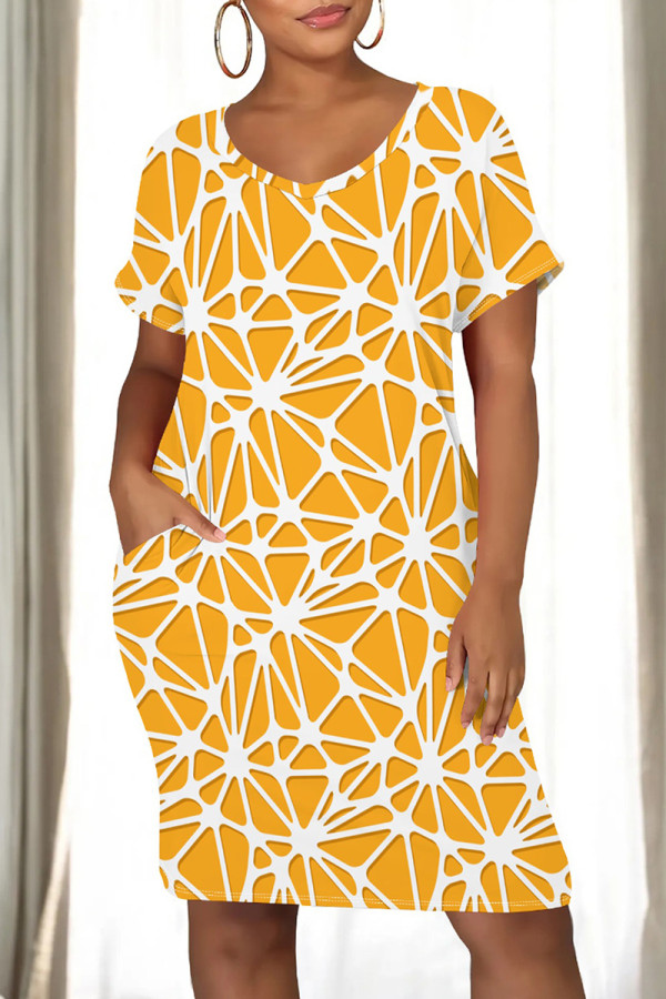 Light Orange Casual Print Pocket Patchwork O Neck Straight Dresses