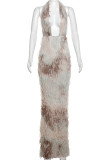 Khaki Sexy Patchwork Backless Ruched Deep V Neck Long Dresses