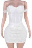 White Sexy Solid Color Lace Patchwork Backless Zipper Strapless Wrapped Skirt Dresses