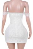 White Sexy Solid Color Lace Patchwork Backless Zipper Strapless Wrapped Skirt Dresses