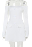 White Sexy Solid Color Buckle Patchwork Off Shoulder Wrapped Skirt Dresses
