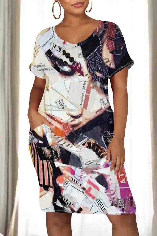 Purple Casual Print Pocket Patchwork O Neck Straight Dresses