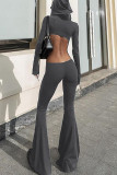 Brownness Casual Solid Color Hollow Out Patchwork Backless Hooded Regular Jumpsuits