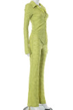 Green Casual Solid Color Buttons Turndown Collar Long Sleeve Two Pieces