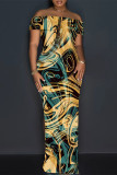 Green Yellow Sexy Striped Print Slit Contrast Off Shoulder Printed Dresses