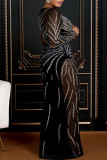 Blue Sexy Patchwork Hot Drilling See-Through O Neck Evening Dresses