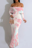 Gray Pink Sexy Floral Print Contrast Off Shoulder One Step Skirt Dresses