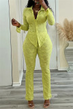 Green Casual Solid Color Buttons Turndown Collar Long Sleeve Two Pieces