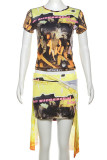 Yellow Sexy Print Patchwork O Neck Short Sleeve Two Pieces