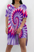 Purple Pink Casual Street Tie Dye Print Slit Contrast V Neck Short Sleeve Two Pieces