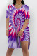 Purple Pink Casual Street Tie Dye Print Slit Contrast V Neck Short Sleeve Two Pieces