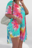 Yellow Purple Casual Street Tie Dye Print Slit Contrast V Neck Short Sleeve Two Pieces