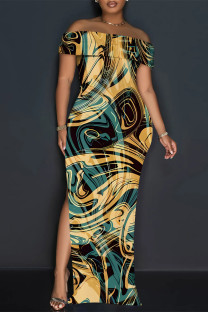 Green Yellow Sexy Striped Print Slit Contrast Off Shoulder Printed Dresses