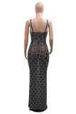 Black Sexy Patchwork Hot Drilling See-Through Backless Spaghetti Strap Evening Dresses