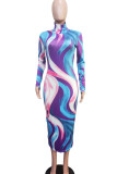Purple Elegant Print Patchwork Half A Turtleneck Wrapped Skirt Dresses