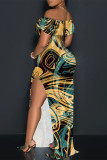 Green Yellow Sexy Striped Print Slit Contrast Off Shoulder Printed Dresses