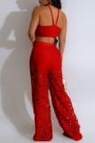 Red Sexy Casual Solid Color Hollow Out Backless Spaghetti Strap Sleeveless Two Pieces
