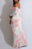 Gray Pink Sexy Floral Print Contrast Off Shoulder One Step Skirt Dresses
