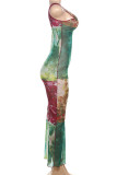 Green Elegant Print Patchwork Backless U Neck Long Dresses