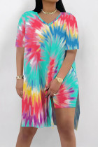 Green Casual Street Tie Dye Print Slit Contrast V Neck Short Sleeve Two Pieces