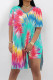 Green Casual Street Tie Dye Print Slit Contrast V Neck Short Sleeve Two Pieces