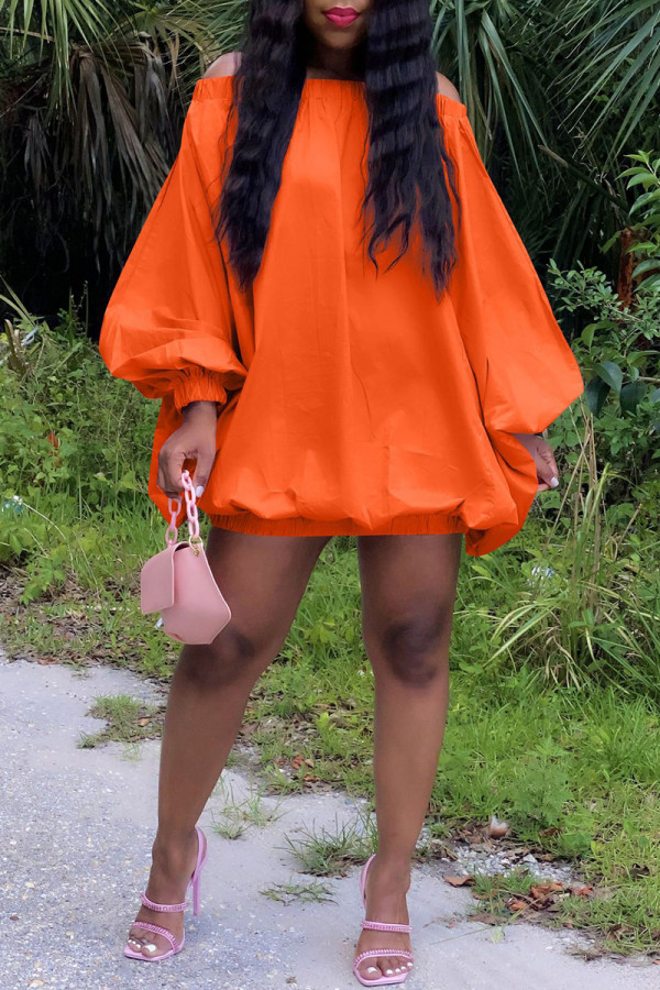 Orange Casual Solid Color Backless Off Shoulder Long Sleeve Dresses