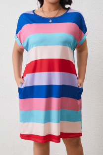 Powder Blue Casual Colorblock Pocket Patchwork O Neck Straight Plus Size Dresses
