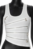 White Sexy Solid Color Patchwork Zipper O Neck Tops